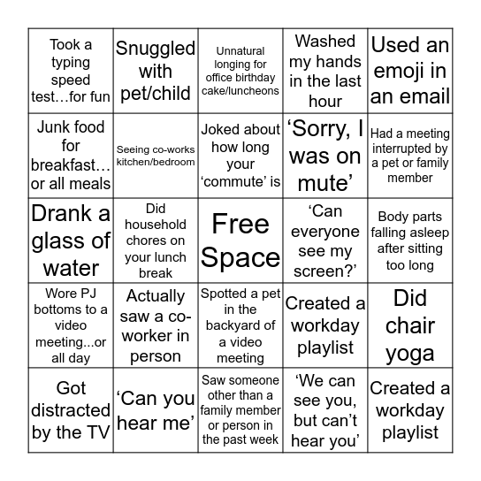 Remote Work Bingo Card