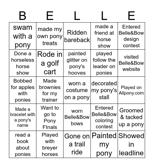 Pony Kid Bingo game Bingo Card