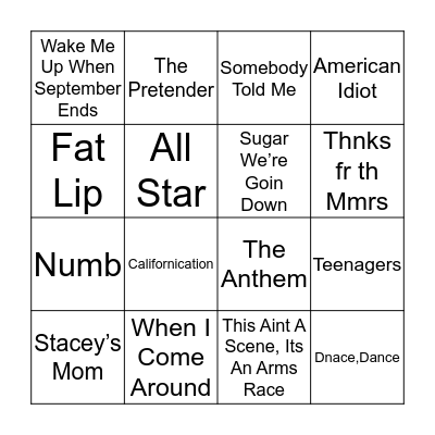 Pop Punk Bingo Card