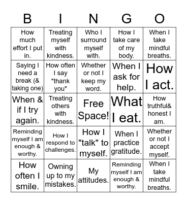 Things I Can Control BINGO Card