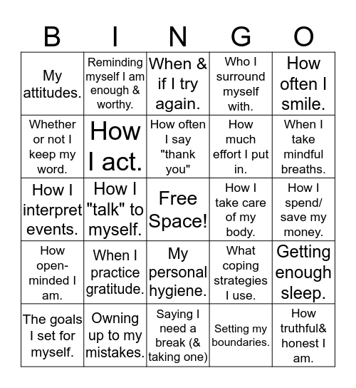 Things I can Control BINGO Card