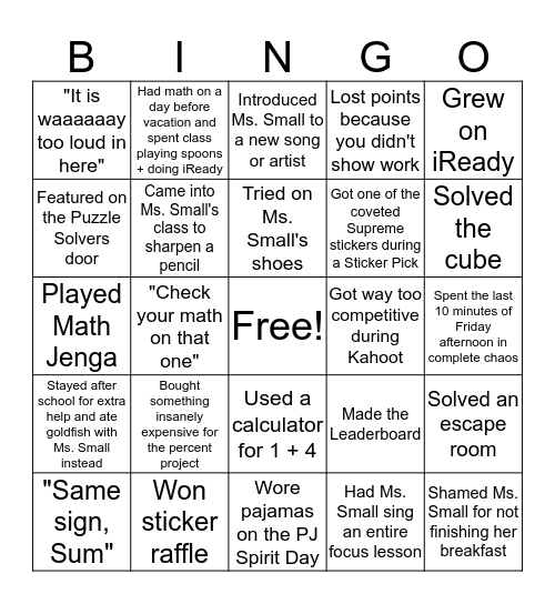 Ms. Small Math Bingo Card