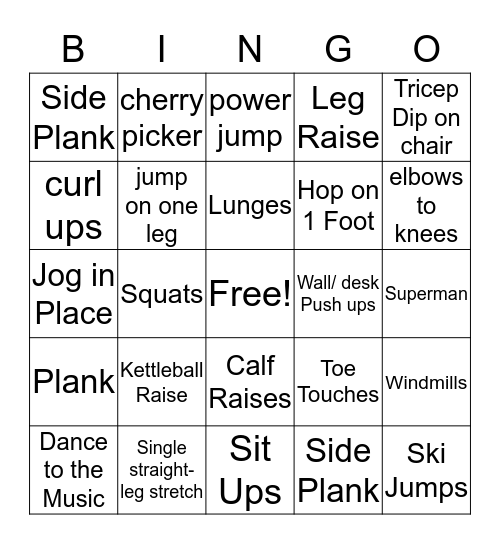 Exercise Bingo Card