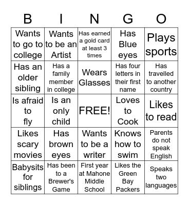 Getting To Know Each Other Bingo Card