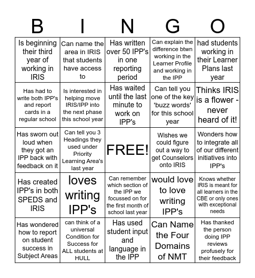 IRIS and IPP's Bingo Card