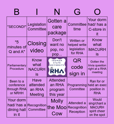 RHA's Residence Hall Bingo Card