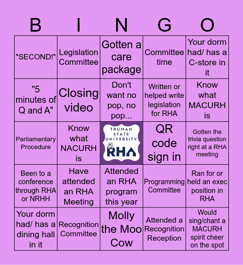 RHA's Residence Hall Bingo Card