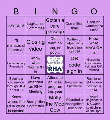 RHA's Residence Hall Bingo Card