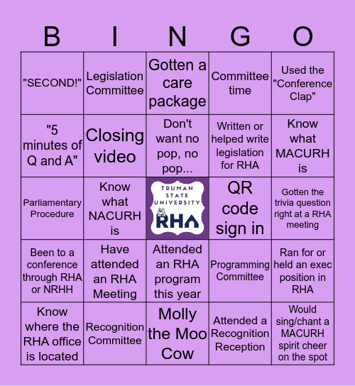 RHA's Residence Hall Bingo Card