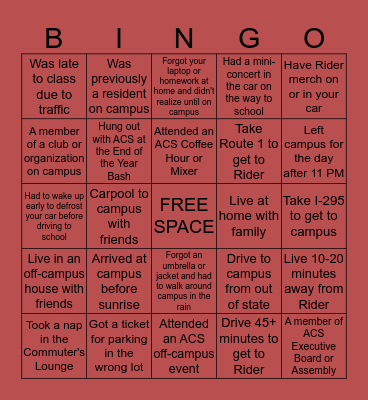Commuter Bingo Card