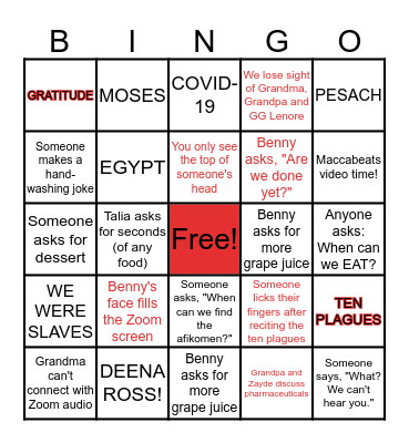 Block Family Passover Bingo Card