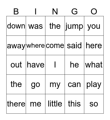 Sight Words Bingo Card