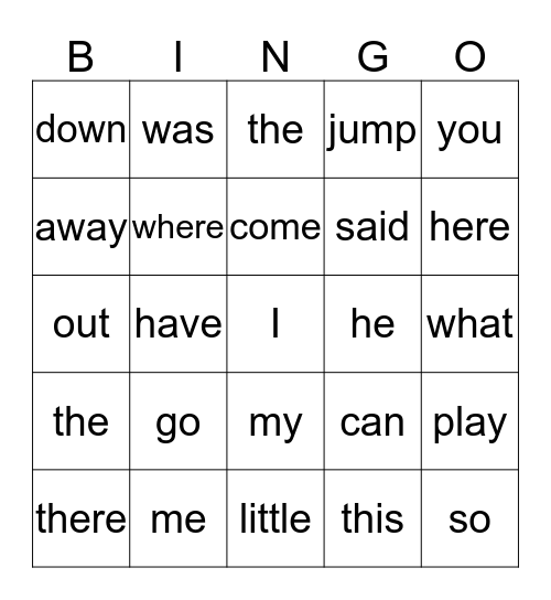 Sight Words Bingo Card