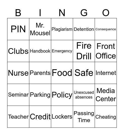 Student Handbook Bingo! Bingo Card