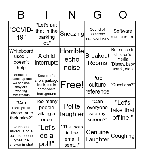 Online Meeting Bingo Card