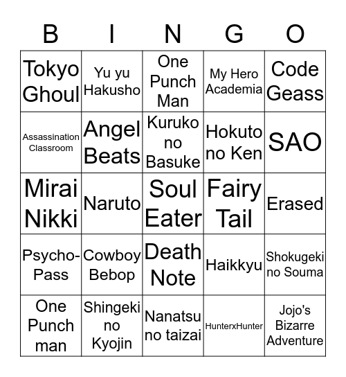 Anime Edition Bingo Card