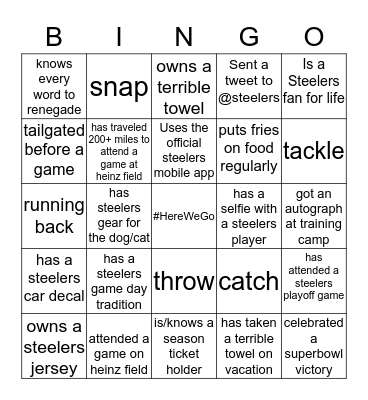 Steelers Football Bingo Card