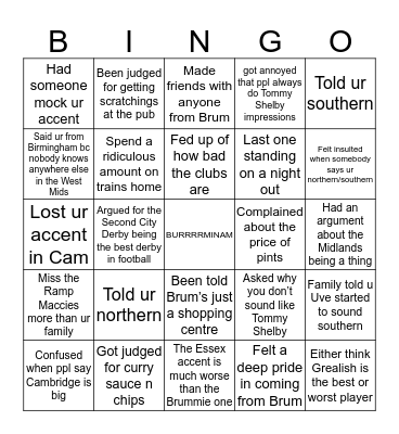 Brummies @ Cambridge Bingo Card