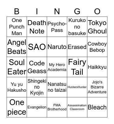 Anime Edition Bingo Card