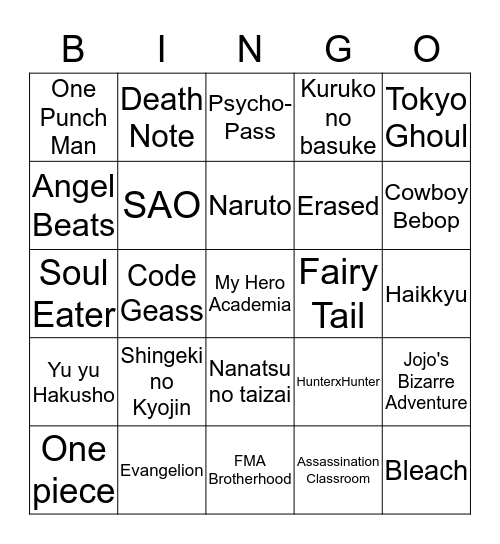 Anime Edition Bingo Card