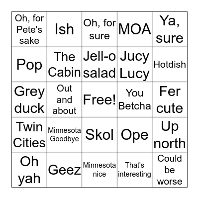 Minnesota Slang BINGO Card