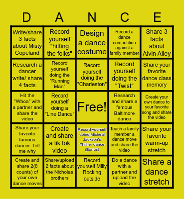 Dance Bingo Card