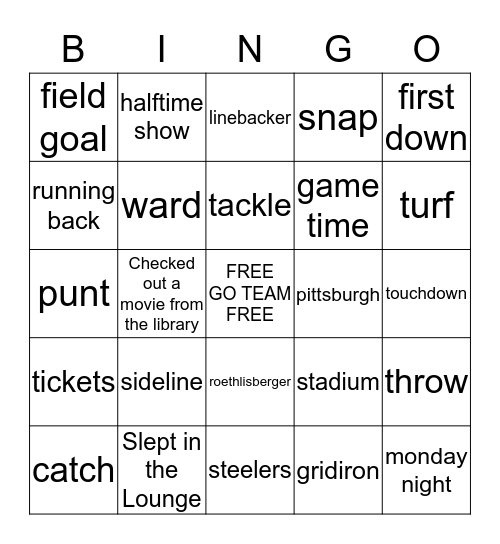 Steelers Football Bingo Card