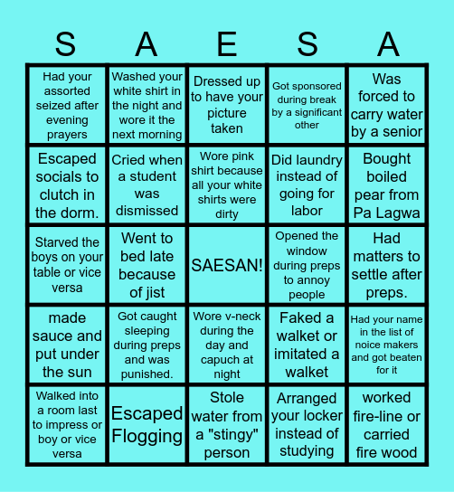 How SAESAN are you? Bingo Card