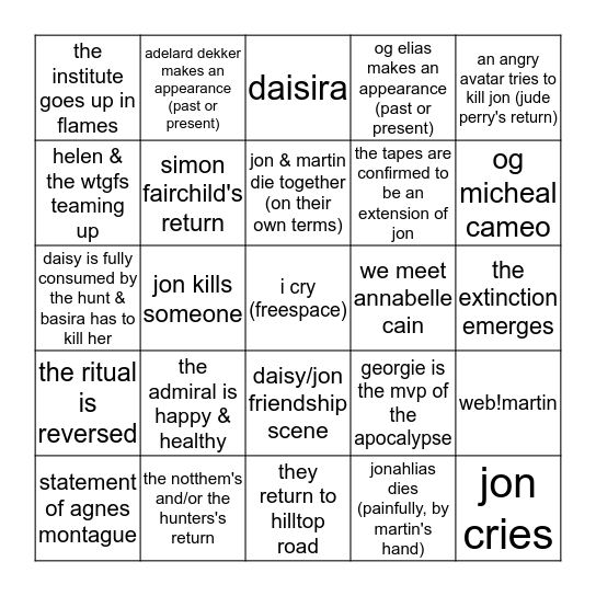 Max's Season 5 Predictions Bingo Card