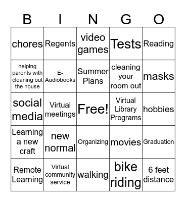 Young Adults in Quarantine Bingo Card