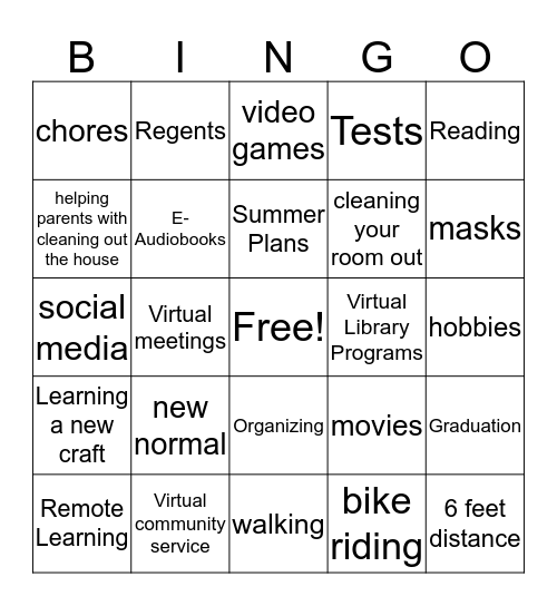 Young Adults in Quarantine Bingo Card