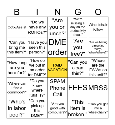 Rehab Aide Bingo Card