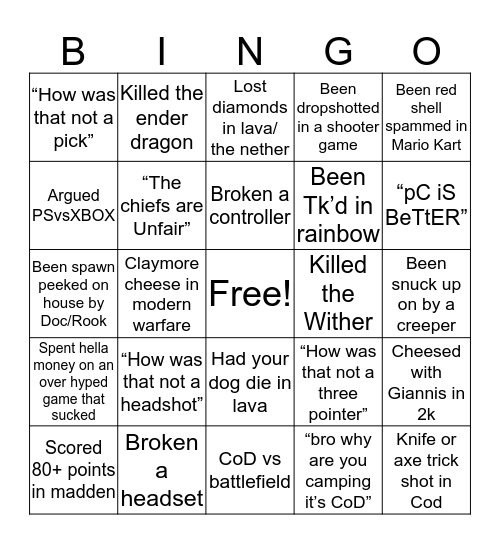 Video Game Bingo Card