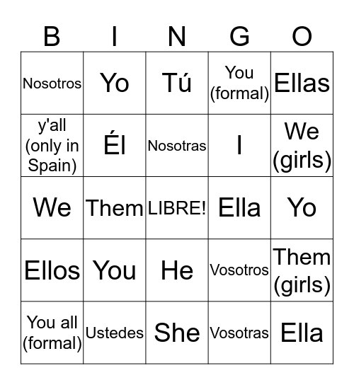 Subject Pronouns Bingo Card