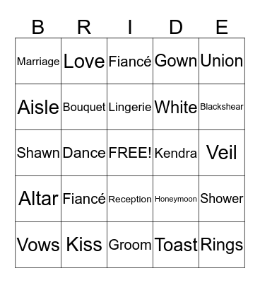 Bridal BINGO Card