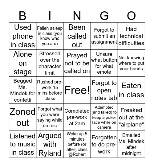 Minerva Student Bingo Card