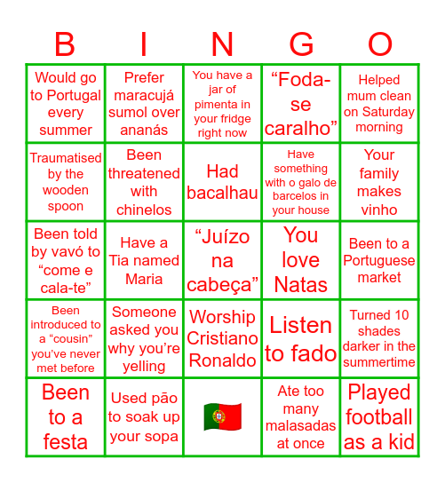 Growing up PORTUGUESE 🇵🇹 Bingo Card