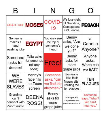 Block Family Passover Bingo Card