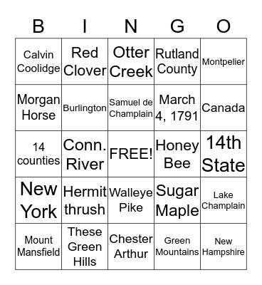 Vermont Facts Bingo Card