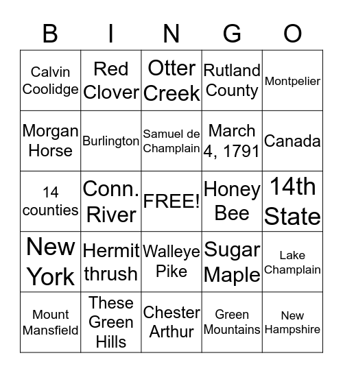 Vermont Facts Bingo Card