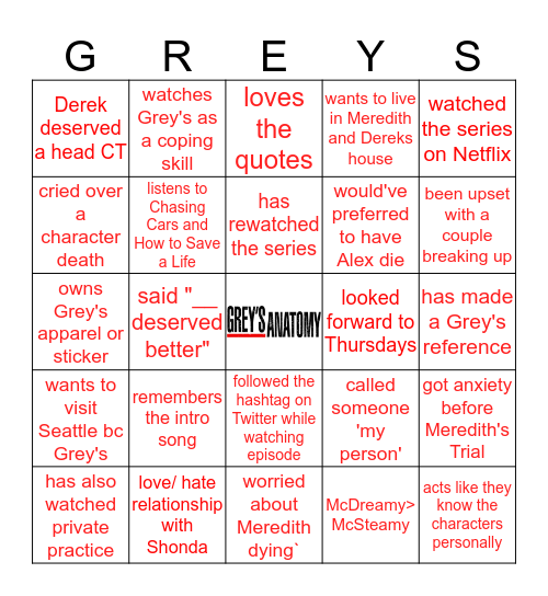 Grey's Anatomy Bingo Card