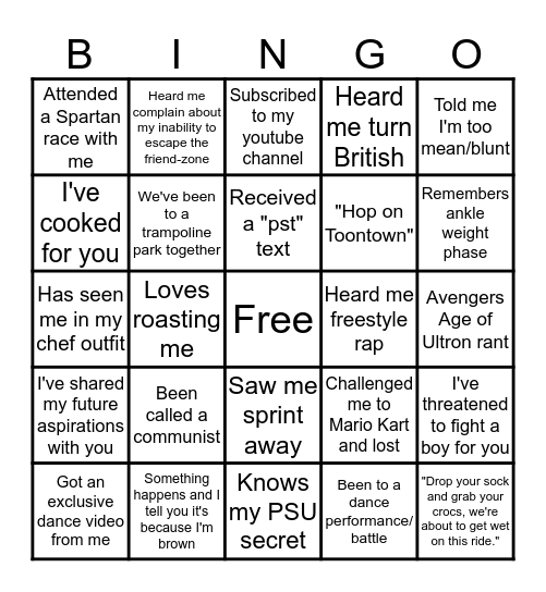 Being Friends with Anthony Austin Bingo Card