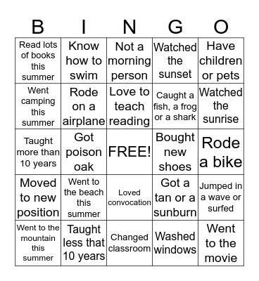 Back to School Bingo Card