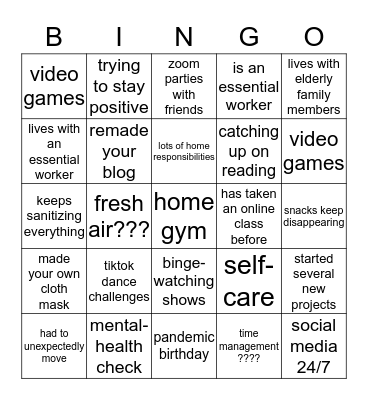 QUARANTINE Bingo Card