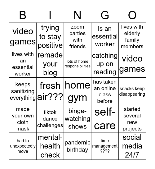 QUARANTINE Bingo Card