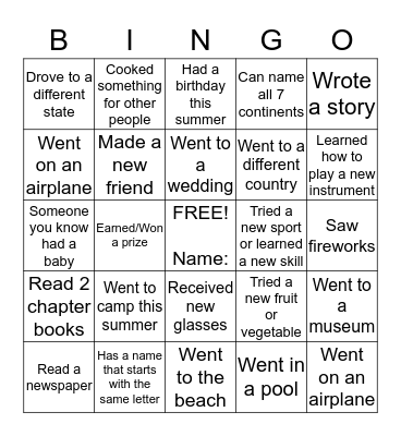 Back to School Bingo Card