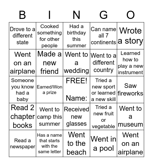 Back to School Bingo Card