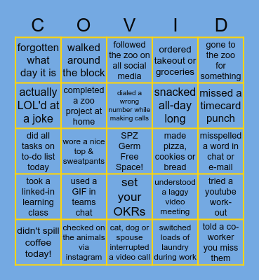 SPZ Work at Home BINGO Card