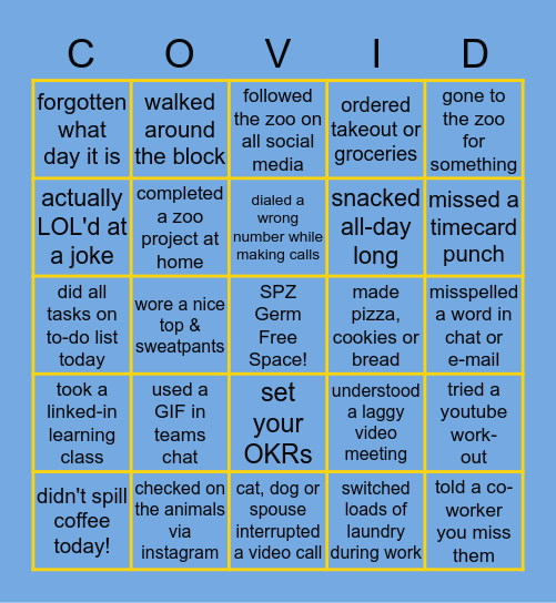 SPZ Work at Home BINGO Card