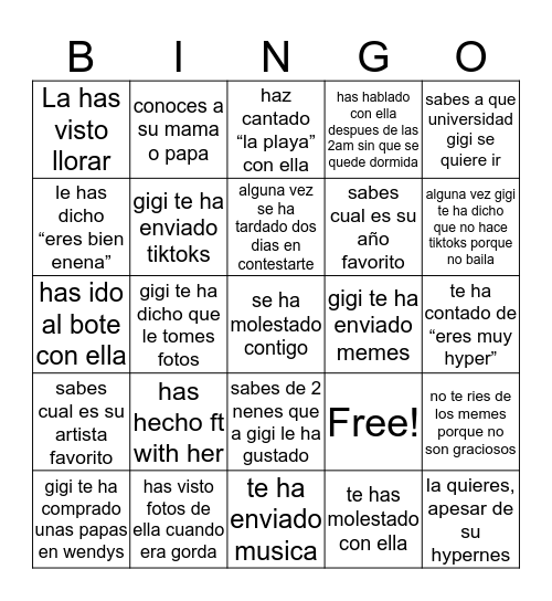 GIGI BINGO😤 Bingo Card